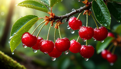 Macro Wild Cherry Cluster Digital Painting Sun Dappled Forest