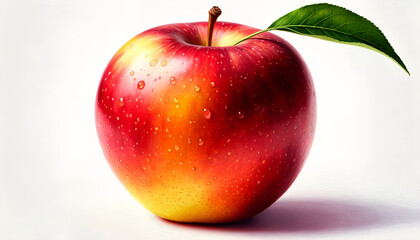 Fresh Red Yellow Apple with Water Drops and Green Leaf Illustration