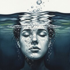 A serene and peaceful underwater portrait of a woman with closed eyes, surrounded by bubbles and beautiful caustic light
