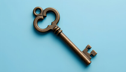 Antique Skeleton Key on Pale Cerulean Blue Background