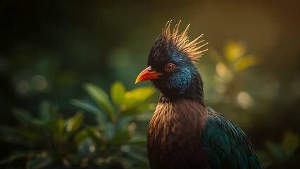 Turaco Bird Profile with Striking Orange Beak and Unique Spiky Crest Against a Blurred Green Background