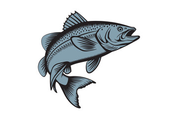 Stylized illustration of a blue salmon leaping with its mouth open