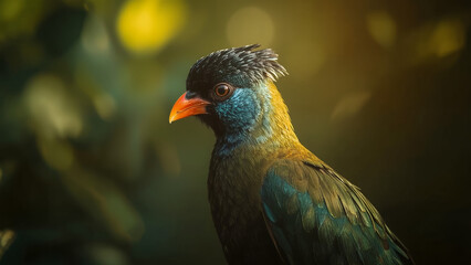 Captivating Turaco Bird with Blue-Green Plumage, Orange Beak, and Unique Crest in a Natural Setting