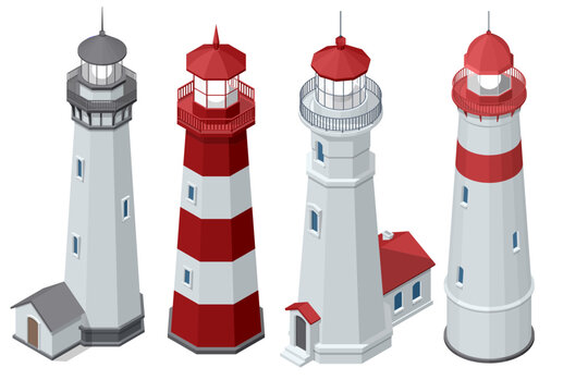 A set of four detailed Isometric lighthouses, each with unique architectural features and color schemes, standing tall as beacons of safety.