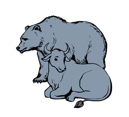 Vector drawing. Cute big cow with bear