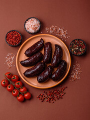 Blood sausage, pudding, meat food with lard and spices. Blood sausage