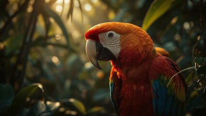 Photorealistic Scarlet Macaw with Brilliant Red, Yellow, and Blue Plumage in a Lush Jungle Setting