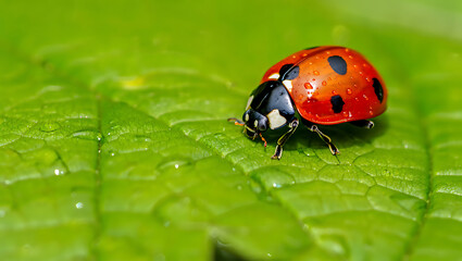 Fototapeta premium A vibrant red ladybug with black spots rests on a lush green leaf covered in glistening water droplets in a natural outdoor setting