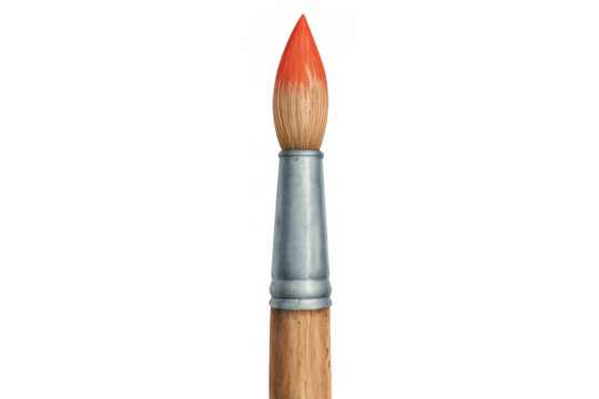 Close-up of a single paintbrush featuring a vibrant red tip, a wooden handle, and a metal ferrule, isolated on a transparent background