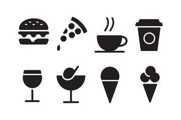 Collection of simple black food and drink icons on a white background