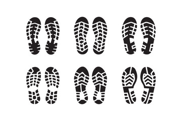 Collection of six black shoe sole imprints on a white background