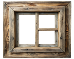 Rustic wooden window frame with four panes and natural wood grain texture isolated on a transparent background