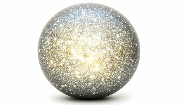 Glimmering orb shimmers with internal light, a cosmic sphere against a stark white backdrop