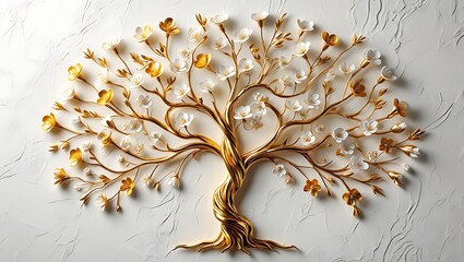 Golden Tree of Life with White and Gold Blossoms on Textured White Background, Elegant Gold Tree with Flowers and Leaves on White Embossed Texture