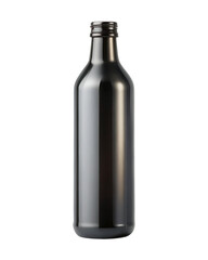 Sleek dark glass bottle with metallic sheen and ribbed cap isolated on a transparent background black