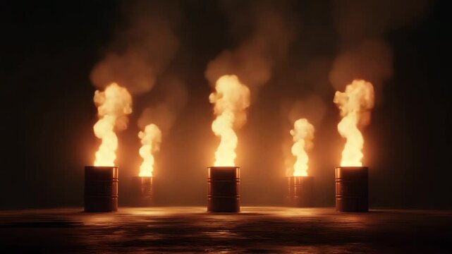 Blazing Fire Barrels in Foggy Industrial Setting &ndash; Ultra HD 8K Cinematic Scene with Intense Flames, Smoke, and High-Contrast Lighting