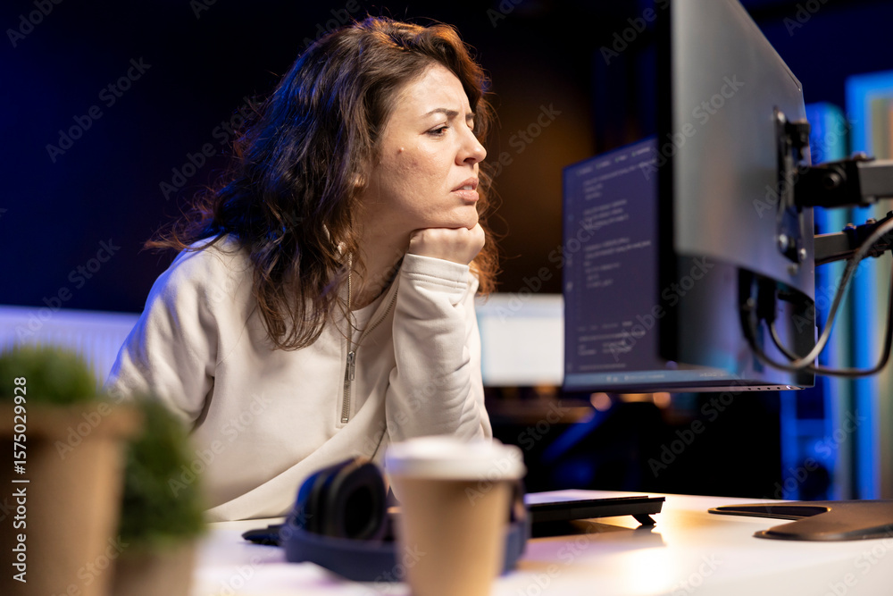 Poster pensive software developer thinking how to design and develop applications. contemplative it staff m