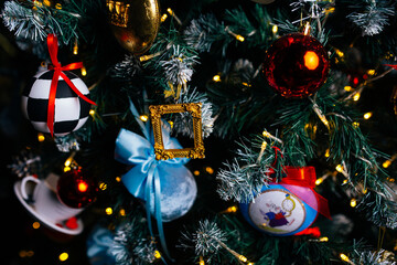 An elegant Christmas tree decorated in the fairy-tale style of 