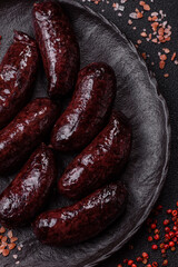 Blood sausage, pudding, meat food with lard and spices. Blood sausage