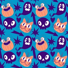 Obraz premium Halloween animals cartoon seamless cat monsters pattern for wrapping and kids clothes print and party accessories