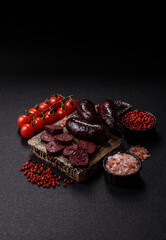 Blood sausage, pudding, meat food with lard and spices. Blood sausage