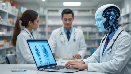 An AI agent doctor on a laptop in a pharmacy, symbolizing agent collaboration in healthcare with a pharmacist and online virtual support. 4k video - Powered by Adobe