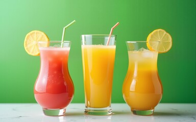 Summer drinks refreshing cocktails on green background. High quality