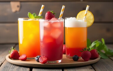 Tray of cool colorful summer drinks against a rustic wood background. High quality