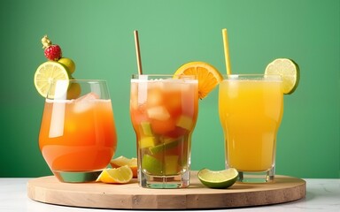 Summer drinks refreshing cocktails on green background. High quality