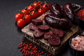Blood sausage, pudding, meat food with lard and spices. Blood sausage
