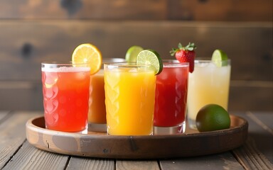 Tray of cool colorful summer drinks against a rustic wood background. High quality