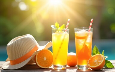 Sunlit summer scene with refreshing citrus drinks and straw hat. High quality