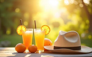 Sunlit summer scene with refreshing citrus drinks and straw hat. High quality