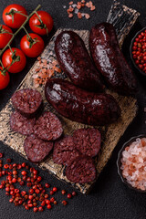 Blood sausage, pudding, meat food with lard and spices. Blood sausage
