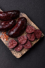 Blood sausage, pudding, meat food with lard and spices. Blood sausage