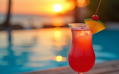 Tropical Sunset Cocktail by Pool. High quality