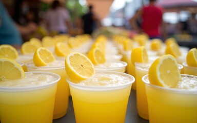 Rows of fresh lemonade in plastic cups with lemon slices at a vibrant market, capturing a refreshing summer vibe. High quality