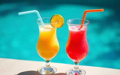 vibrant cocktails with playful straws perch on pool edge turquoise water contrasts with colorful drinks tropical vacation vibes bright saturated colors evoke summer fun. High quality