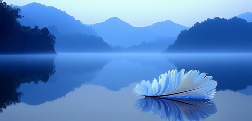 A macro shot of water droplets on a lily pad, with softly blurred reflections of the sky on the pond surface