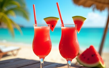 Glasses with refreshing watermelon juice on a tropical beach bar, tropical, beach, bar, summer, drinks, refreshing. High quality