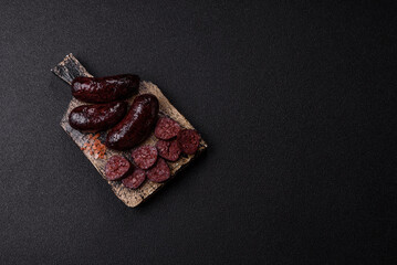 Blood sausage, pudding, meat food with lard and spices. Blood sausage