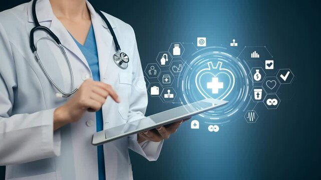 Doctor holding digital tablet with holographic medical icons. Medical professional integrates digital solutions in healthcare. Protection personal data. Innovation and technology in patient care - Powered by Adobe
