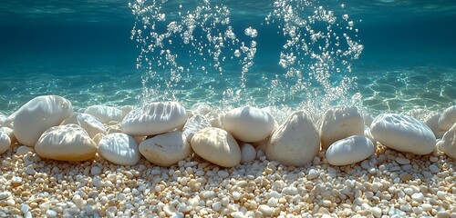 A close-up of pebbles under crystal-clear water, with blurred shimmering sunlight patterns above