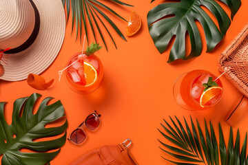 Tropical Summer Flat Lay with Aperol Spritz, Palm Leaves, and Straw Hat on Orange Background