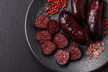 Blood sausage, pudding, meat food with lard and spices. Blood sausage