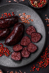 Blood sausage, pudding, meat food with lard and spices. Blood sausage