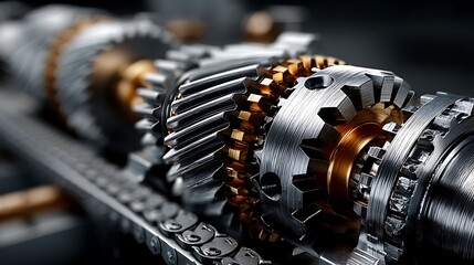 the image shows a close up view of a set of intricate gears and chains. the gears are a mix of silvery metal and golden hues