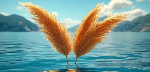 A patch of wildflowers growing at the edge of a reflective pond, with the water and sky blurred behind