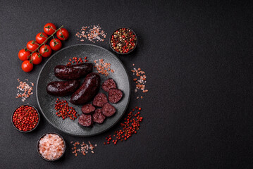 Blood sausage, pudding, meat food with lard and spices. Blood sausage