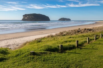 Scenic view of Whangamata, Coromandel Peninsula, New Zealand in New Zealand. People are walking and...